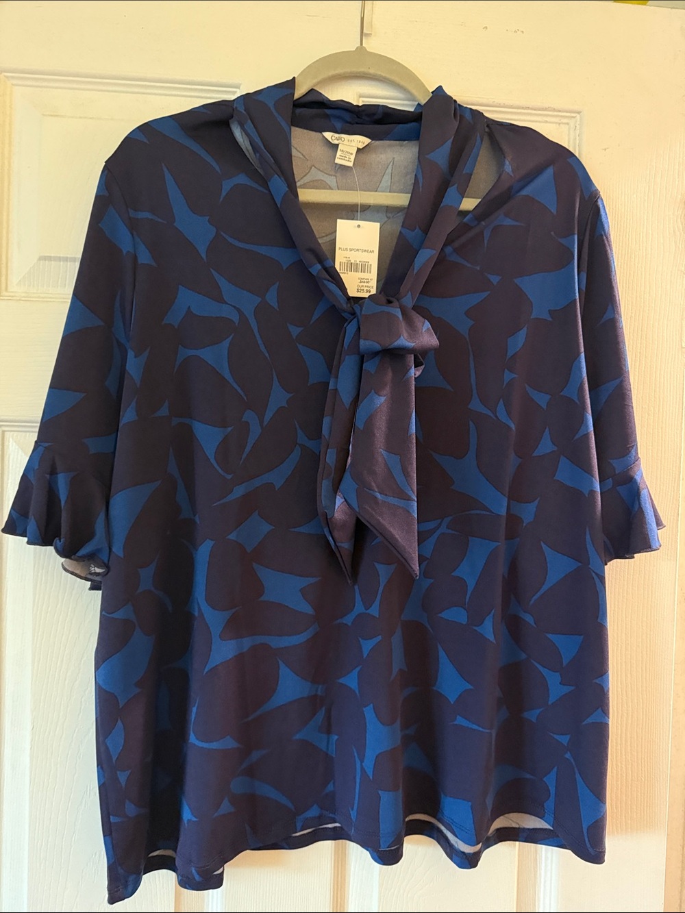 Cato Navy and Blue Patterned Flutter Sleeve Top